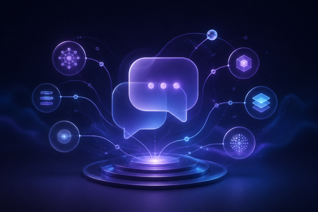 Abstract conversational AI illustration with connected knowledge nodes